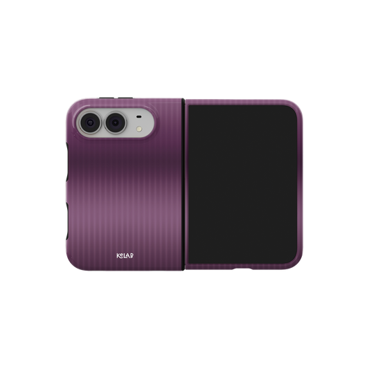Purple Gradient Fluted Glass, Aura iPhone 18 Fold Case, unfolded side view showing the hinge