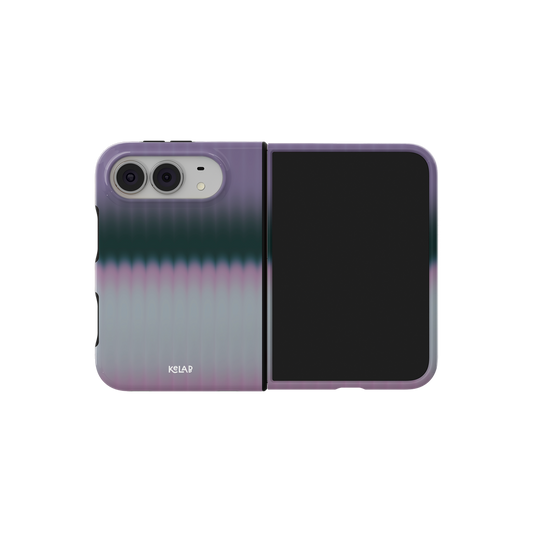 Pink Gradient Fluted Glass, Dusk iPhone 18 Fold Case, unfolded side view showing the hinge