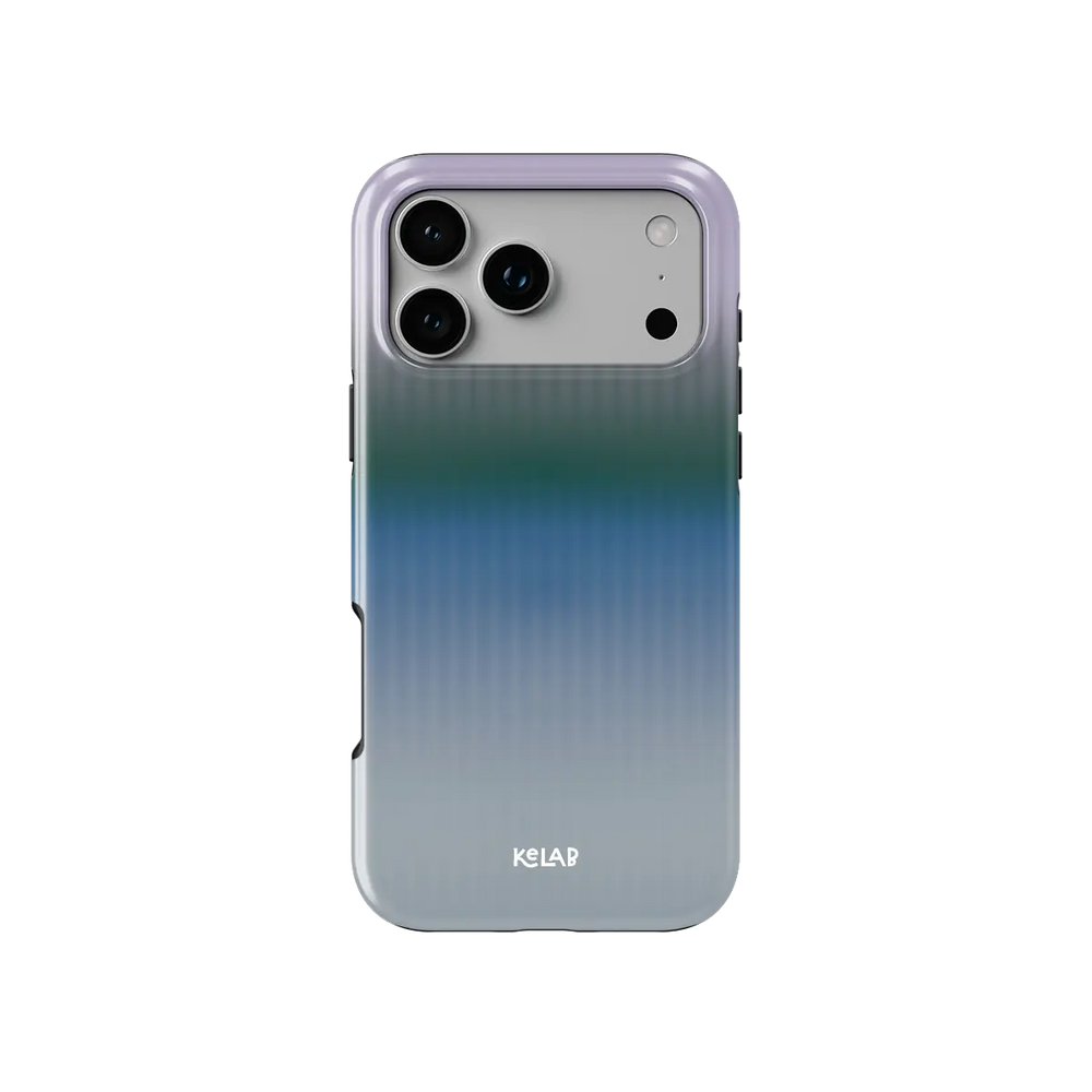 KELAB iPhone case with gradient fluted glass pattern, blue and teal, vertical ribbed finish