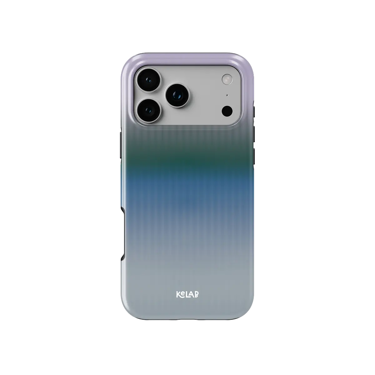 KELAB iPhone case with gradient fluted glass pattern, blue and teal, vertical ribbed finish