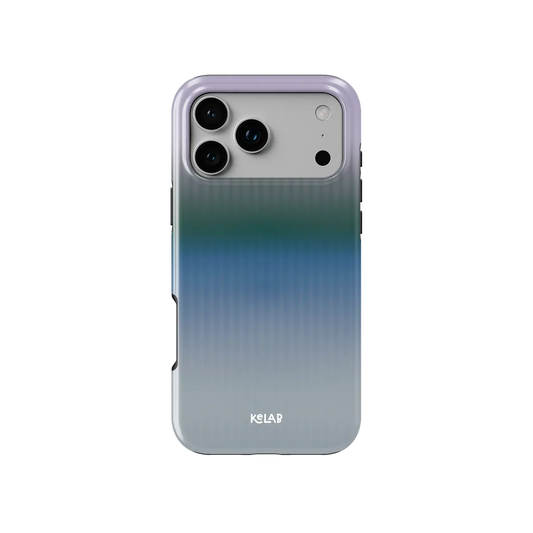 KELAB iPhone case with gradient fluted glass pattern, blue and teal, vertical ribbed finish