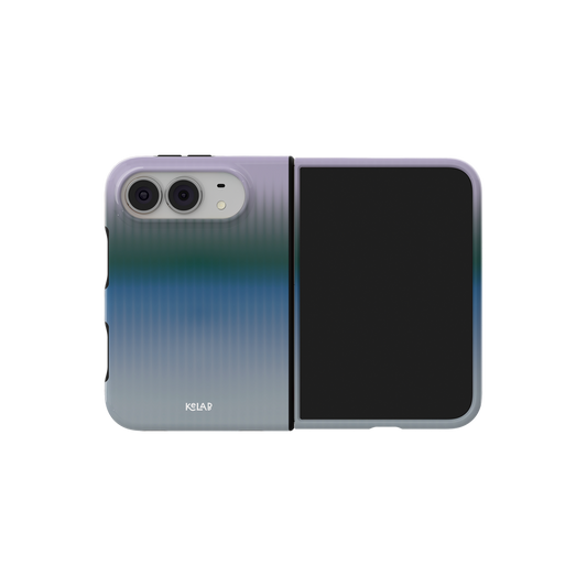 Blue Gradient Fluted Glass, Twilight iPhone 18 Fold Case, unfolded side view showing the hinge