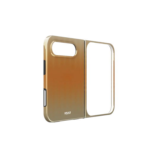Orange Gradient Fluted Glass, Sunset iPhone 18 Fold Case, unfolded side view showing the hinge