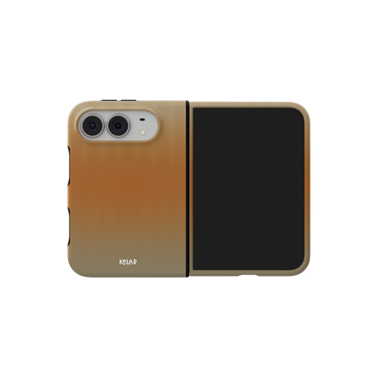 Orange Gradient Fluted Glass, Sunset iPhone 18 Fold Case, unfolded side view showing the hinge