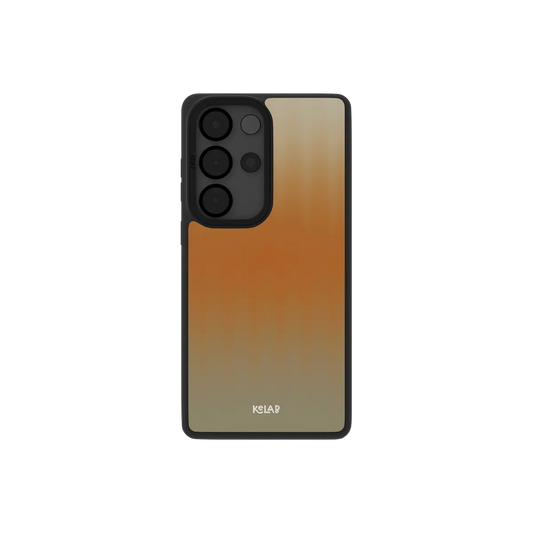 Orange gradient Samsung Galaxy case, back view with apricot to peach fluted glass ribbing around the camera cutout