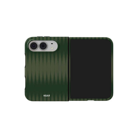 Olive Gradient Fluted Glass, Nature iPhone 18 Fold Case, unfolded side view showing the hinge