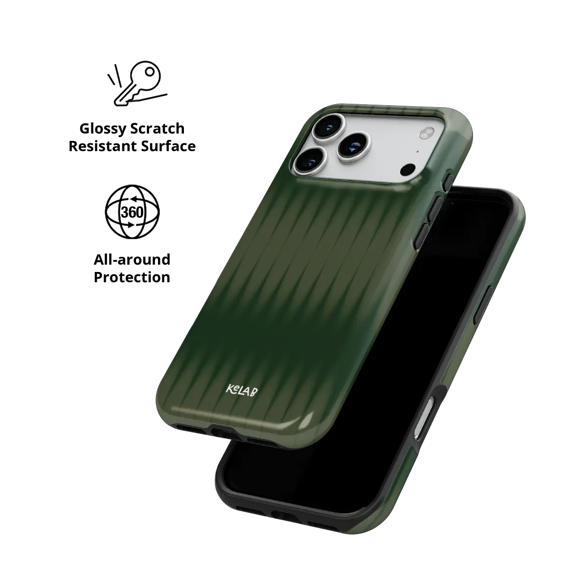 KELAB iPhone case with gradient fluted glass pattern, green polycarbonate shell and shock-absorbing liner