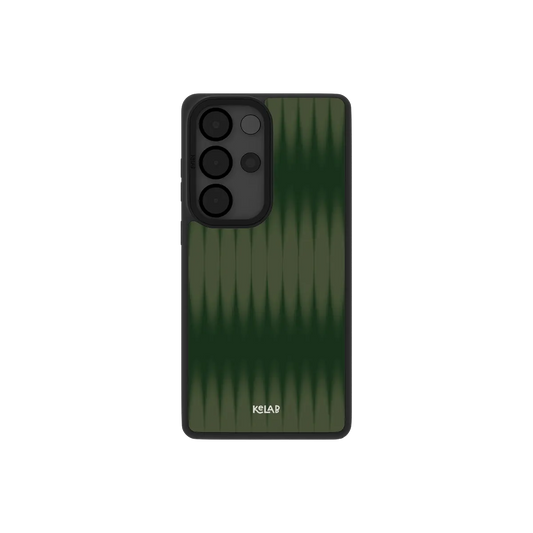 Olive gradient Samsung Galaxy case, back view with evergreen to jade fluted glass ribbing around the camera cutout