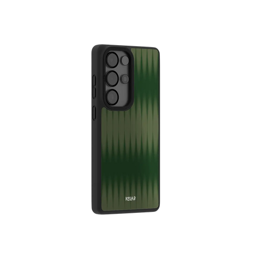 Olive fluted glass Samsung Galaxy case at a side angle showing the wrapped button covers