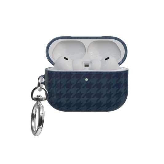 Navy Houndstooth Preppy airpods pro case front view with open lid and keychain