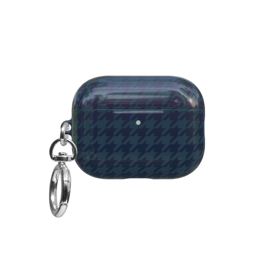Navy Houndstooth Preppy airpods pro case front view with closed lid and keychain