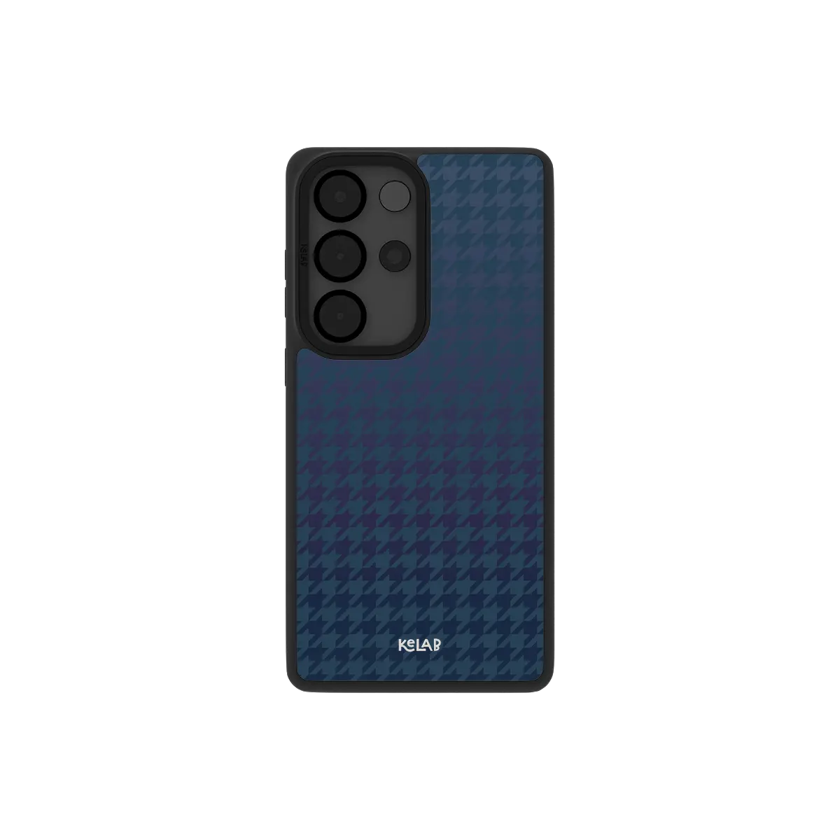 Blue houndstooth Samsung Galaxy case, back view with navy weave over an icy gradient around the camera cutout