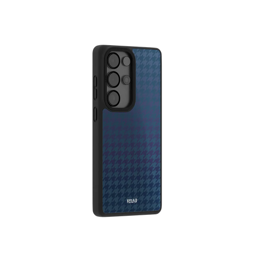 Blue houndstooth Samsung Galaxy case at a side angle showing the wrapped button covers