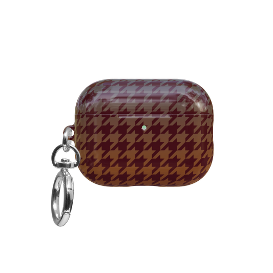 Burgundy Houndstooth Dark Academia airpods pro case front view with closed lid and keychain