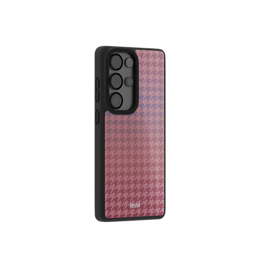 Pink houndstooth Samsung Galaxy case at a side angle showing the wrapped button covers