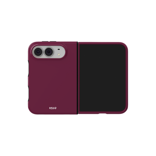 Burgundy, Deep Berry Minimalist iPhone 18 Fold Case, unfolded side view showing the hinge
