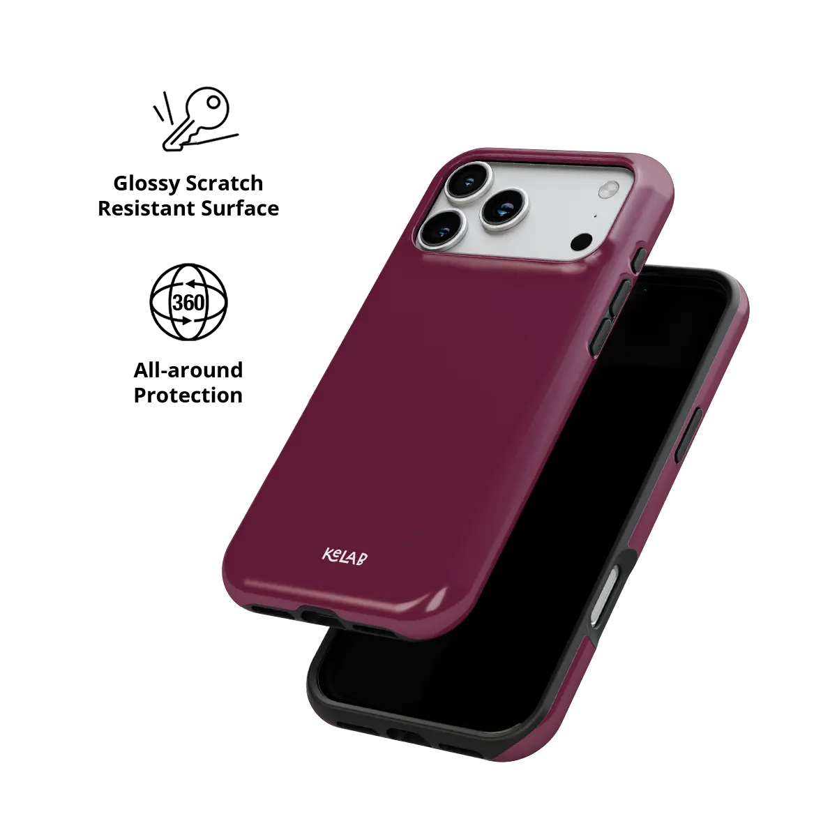 Solid color KELAB iphone case with raised camera lip, burgundy hard shell and MagSafe