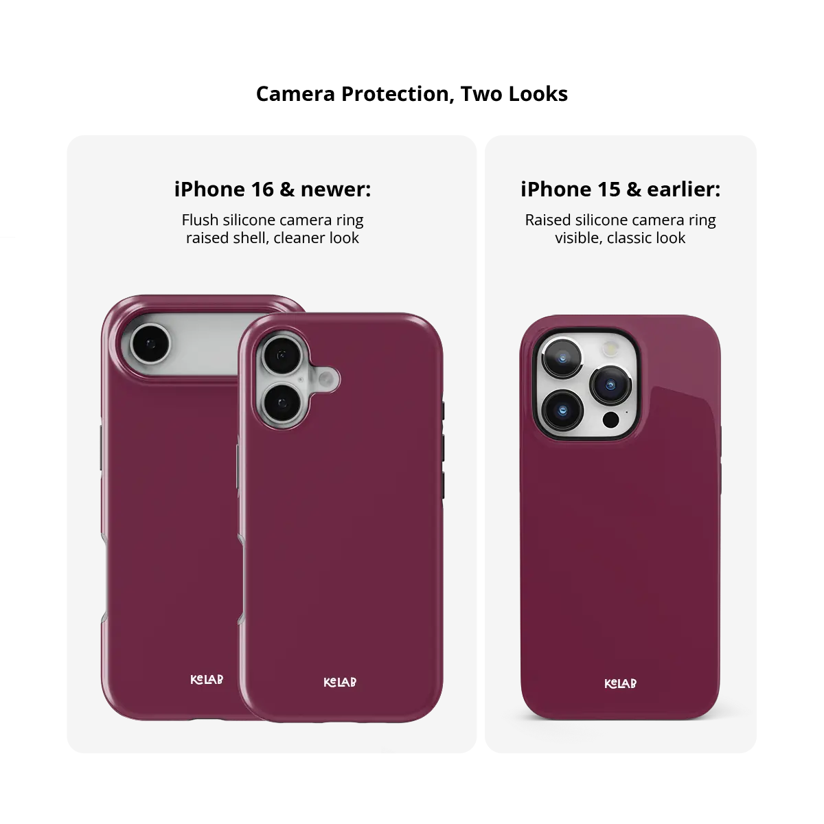 KELAB solid color iphone case with raised camera lip, burgundy tough MagSafe hard shell