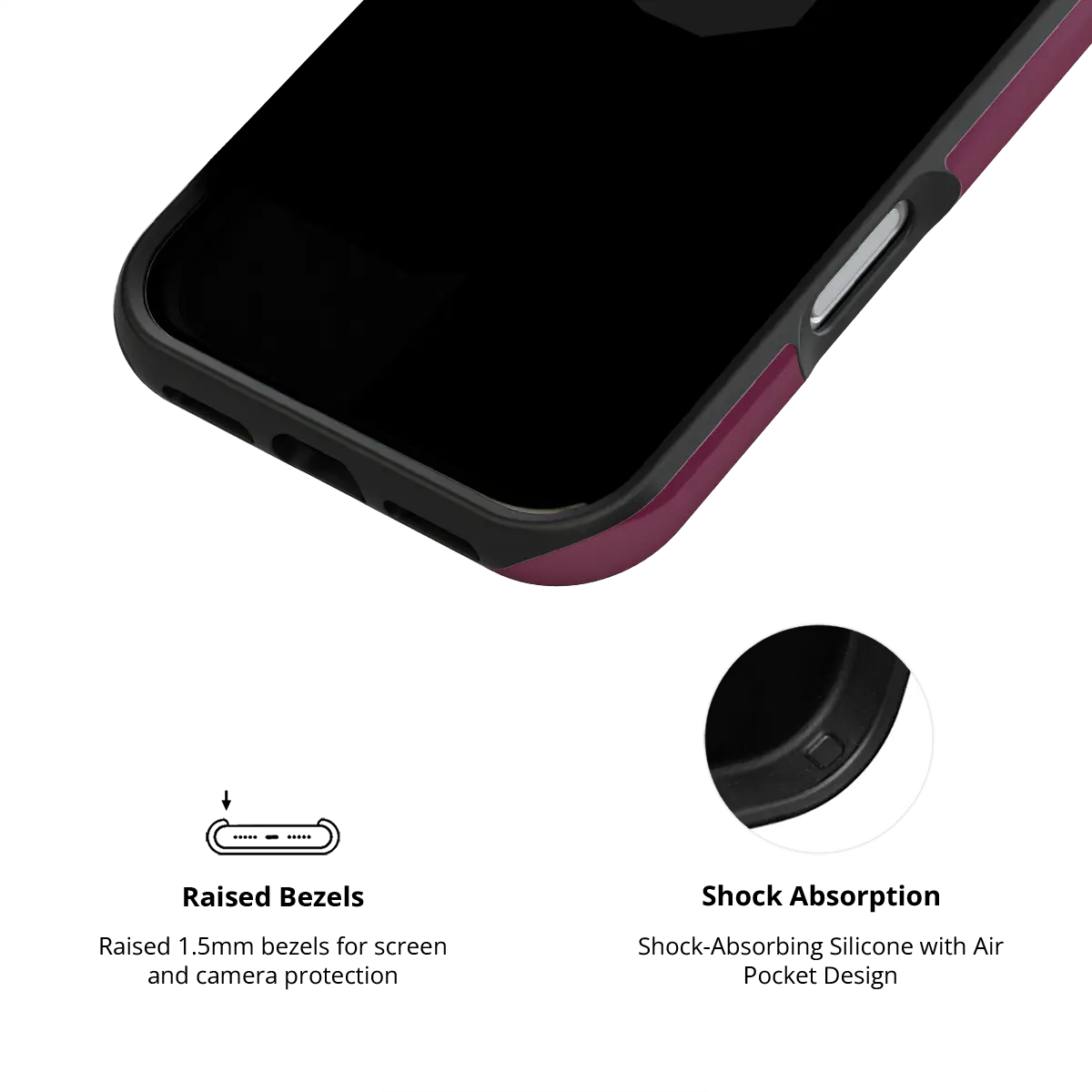 KELAB solid color iphone case with raised camera lip, burgundy and black tough MagSafe design