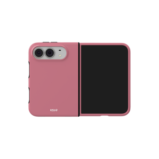 Pink Dusty Rose, Minimalist iPhone 18 Fold Case, unfolded side view showing the hinge