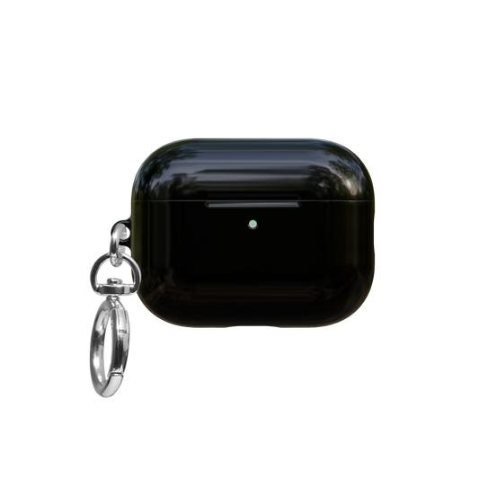 Minimalist Black airpods pro case front view with closed lid and keychain