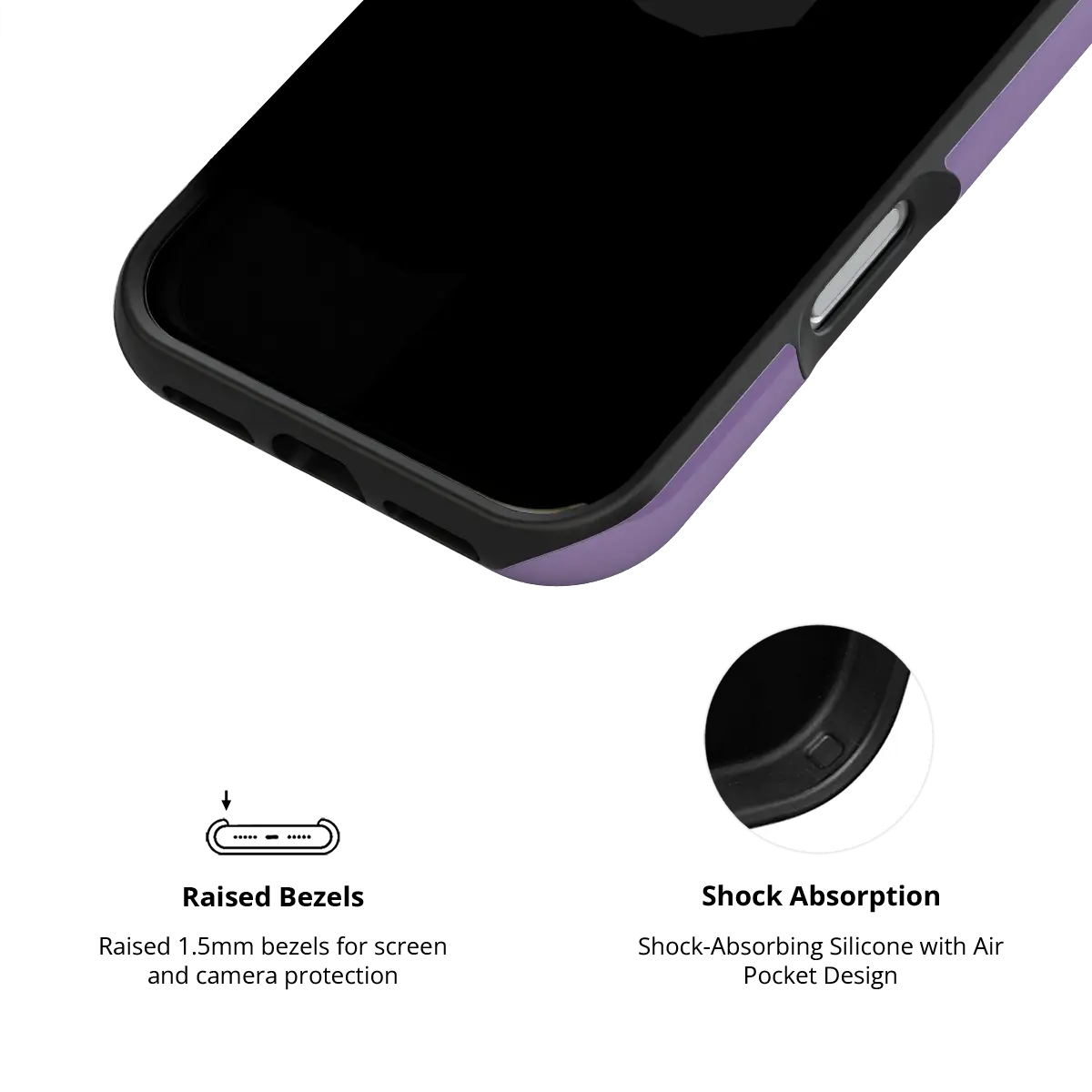 Solid color KELAB iPhone case with MagSafe, purple edge and black tough shell with camera cutout lip