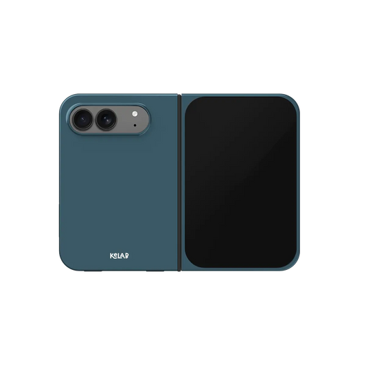 Teal, Deep Slate Blue Minimalist iPhone 18 Fold Case, unfolded front view
