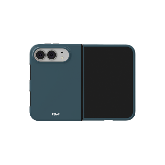 Teal, Deep Slate Blue Minimalist iPhone 18 Fold Case, unfolded side view showing the hinge