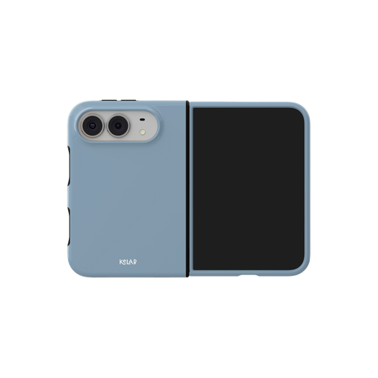 Dusty Blue, Muted Slate Tone iPhone 18 Fold Case, unfolded side view showing the hinge