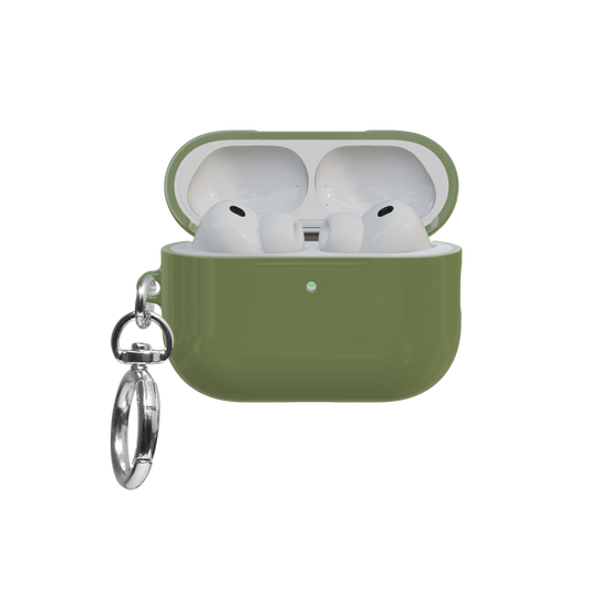 Solid Matcha Green airpods pro case front view with open lid and keychain