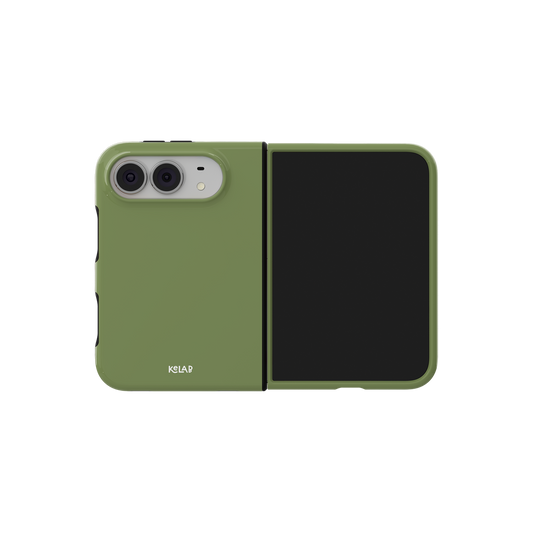 Matcha Green, Earthy Olive Tone iPhone 18 Fold Case, unfolded side view showing the hinge