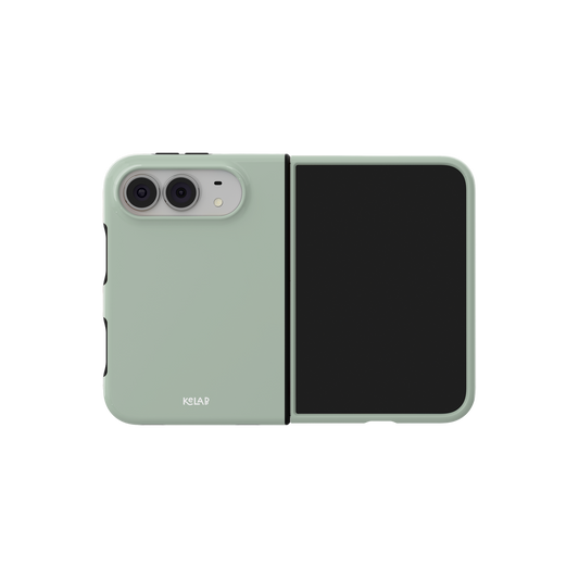 Sage Green, Pale Muted Neutral iPhone 18 Fold Case, unfolded side view showing the hinge