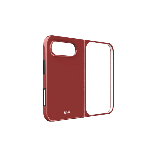 Brick Red, Deep Warm Red Minimalist iPhone 18 Fold Case, unfolded side view showing the hinge