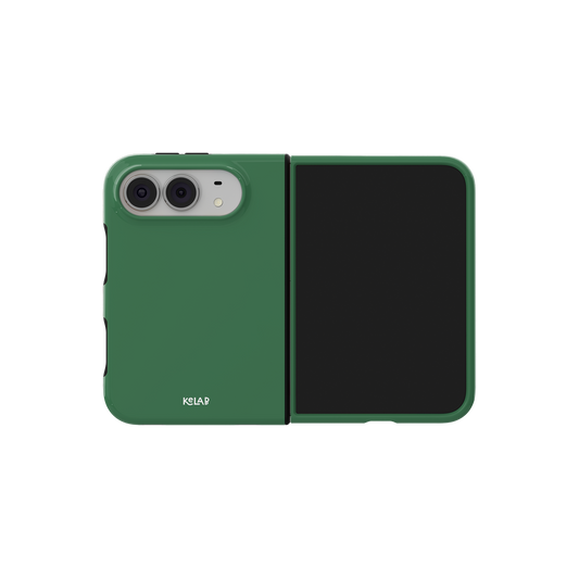 Forest Green, Deep Pine Minimalist iPhone 18 Fold Case, unfolded side view showing the hinge