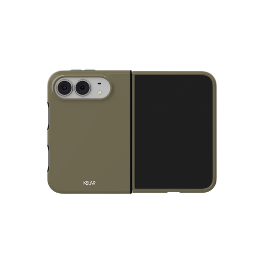 Green Olive, Muted Drab Minimalist iPhone 18 Fold Case, unfolded side view showing the hinge