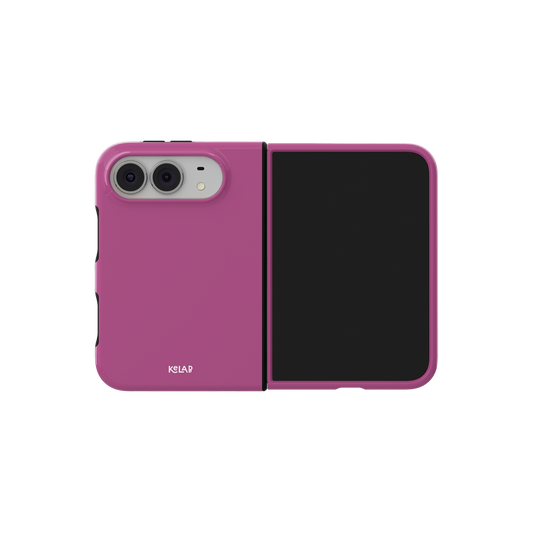 Pink Magenta, Deep Berry iPhone 18 Fold Case, unfolded side view showing the hinge