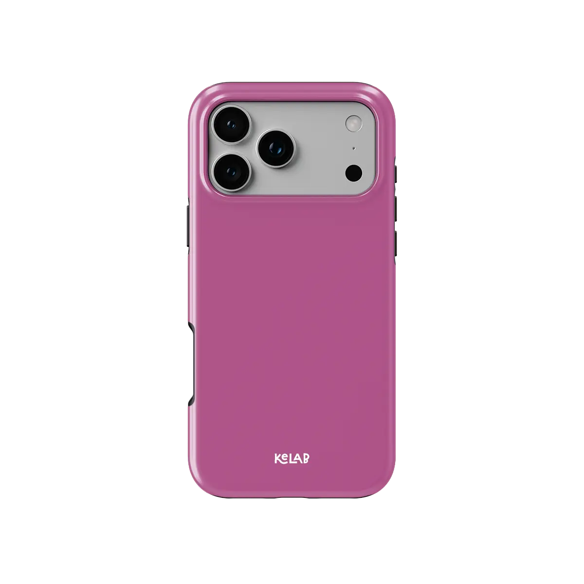 Solid color KELAB iphone case in pink with hard shell and silicone liner, raised camera lens lip