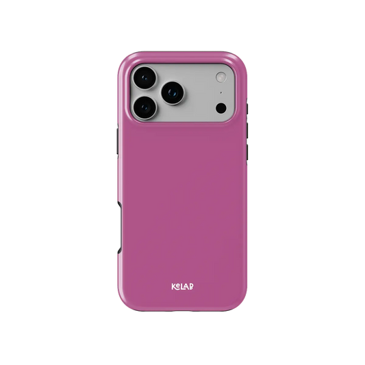 Solid color KELAB iphone case in pink with hard shell and silicone liner, raised camera lens lip