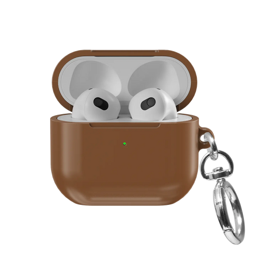 Solid Brown Chestnut AirPods Case, front view with lid open