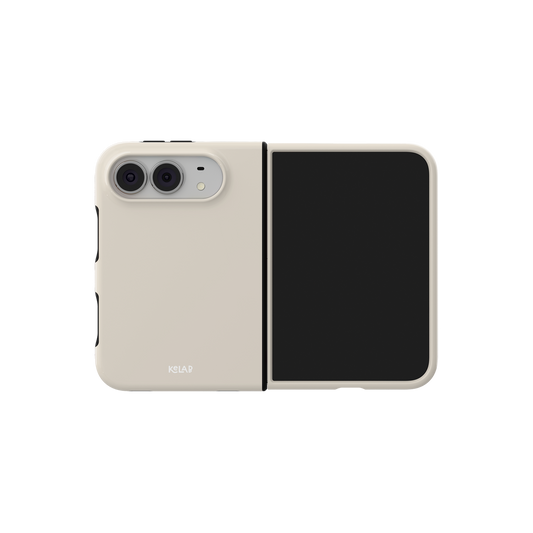 Beige Linen, Warm Bone Tone iPhone 18 Fold Case, unfolded side view showing the hinge