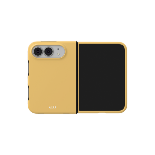 Yellow, Solid Minimalist iPhone 18 Fold Case, unfolded side view showing the hinge