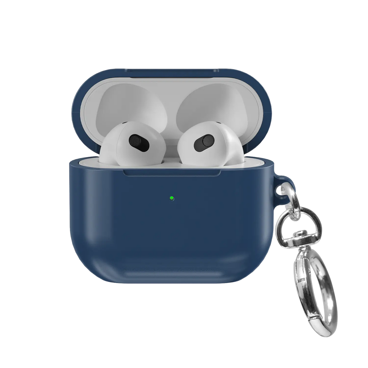 Dockside AirPods case — front side view with the lid open, solid navy ink finish