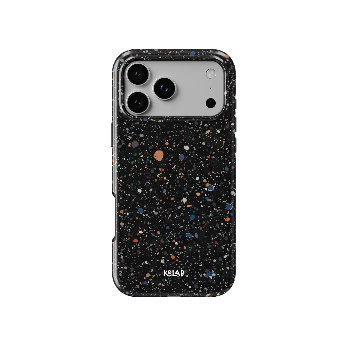 Obsidian Mist black paint splatter Tough iPhone case, front view showing the pattern.