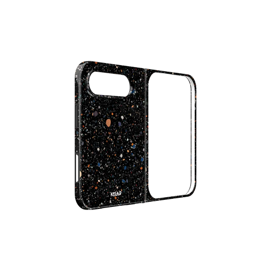 Black Paint Splatter, Dark Art iPhone 18 Fold Case, unfolded side view showing the hinge