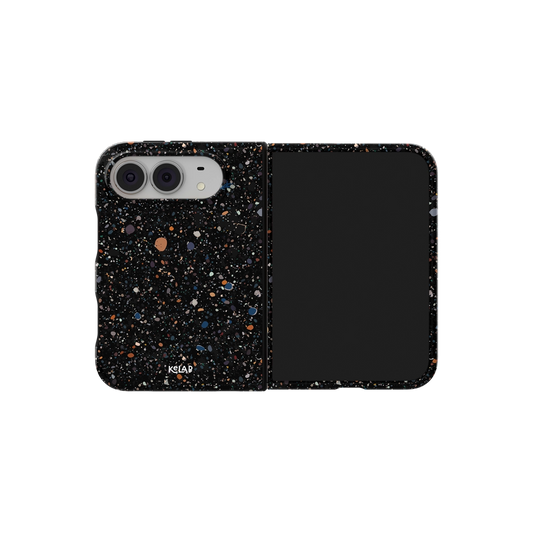 Black Paint Splatter, Dark Art iPhone 18 Fold Case, unfolded side view showing the hinge