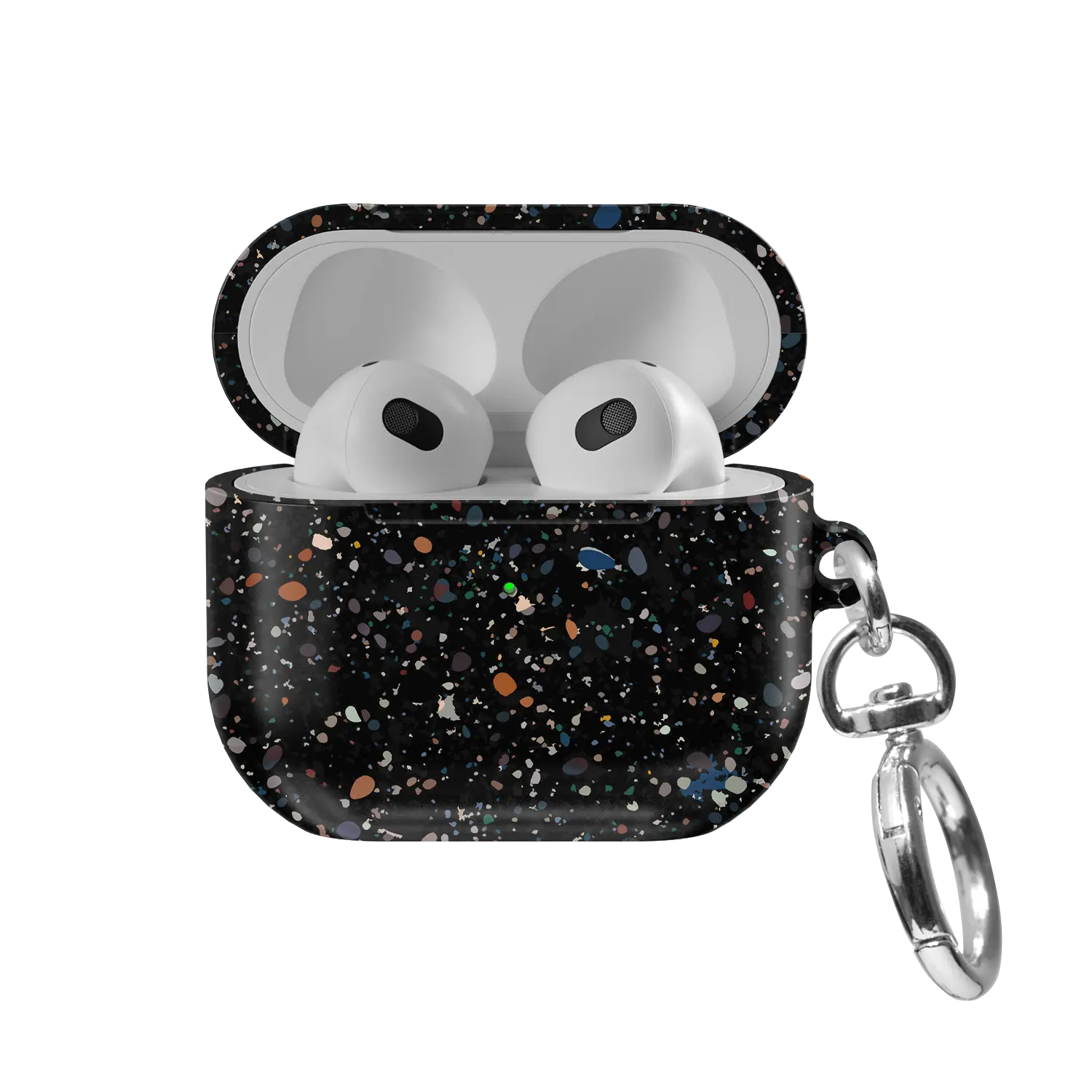 Black Paint Splatter Abstract Art AirPods Case, front view with lid open