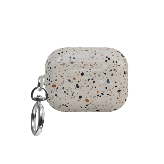 Ivory Paint Splatter Abstract Art airpods pro case front view with closed lid and keychain