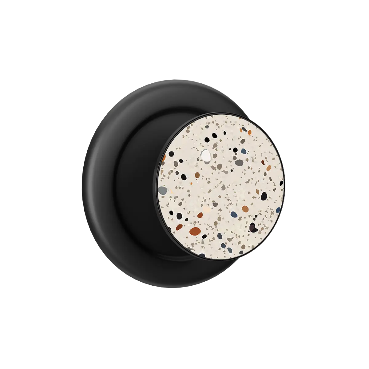 Black PopSocket-style MagSafe phone grip with speckled ivory haze top and built-in strong magnets.