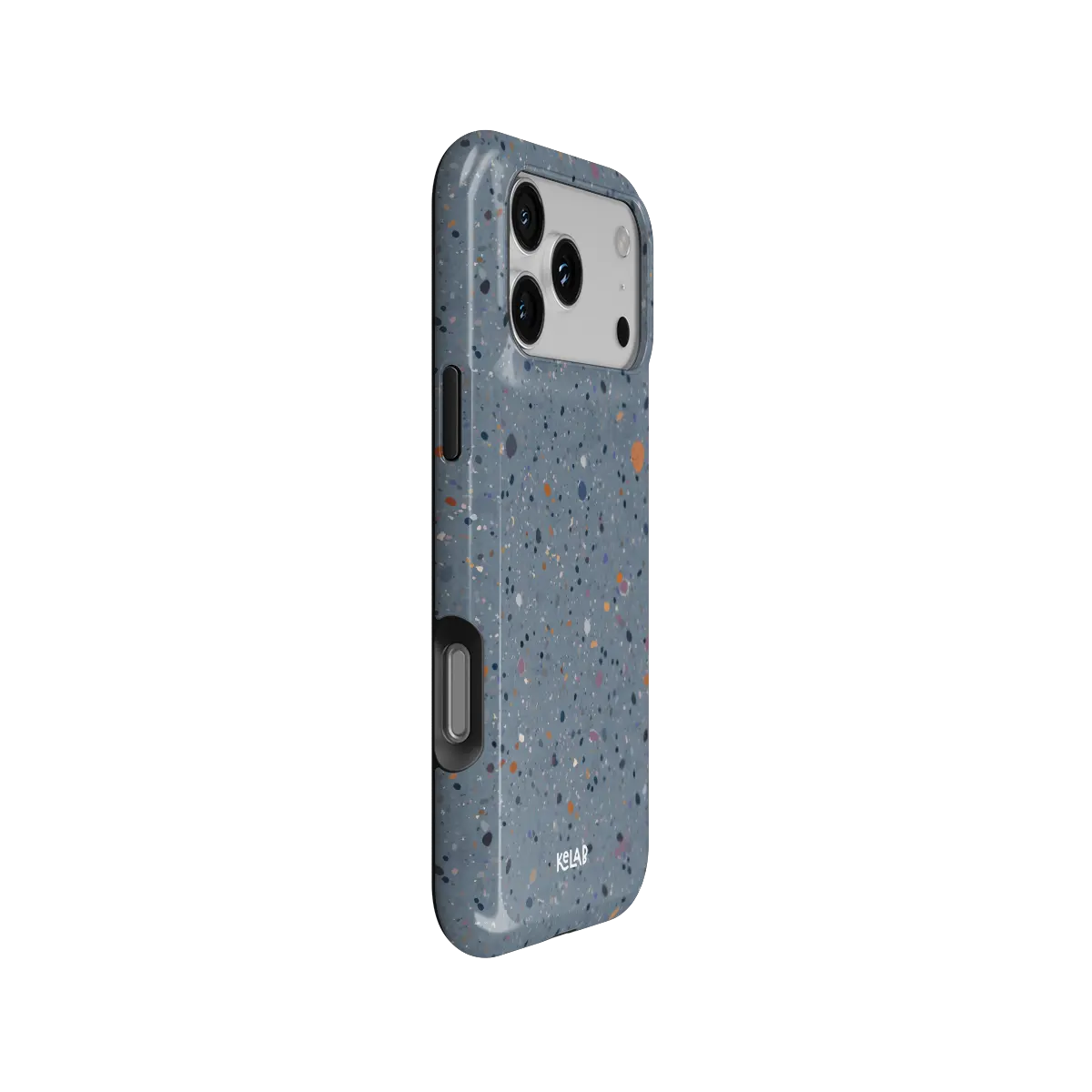 Seaside Drift blue paint splatter Tough iPhone case, side view showing the pattern wrapped around the shell.