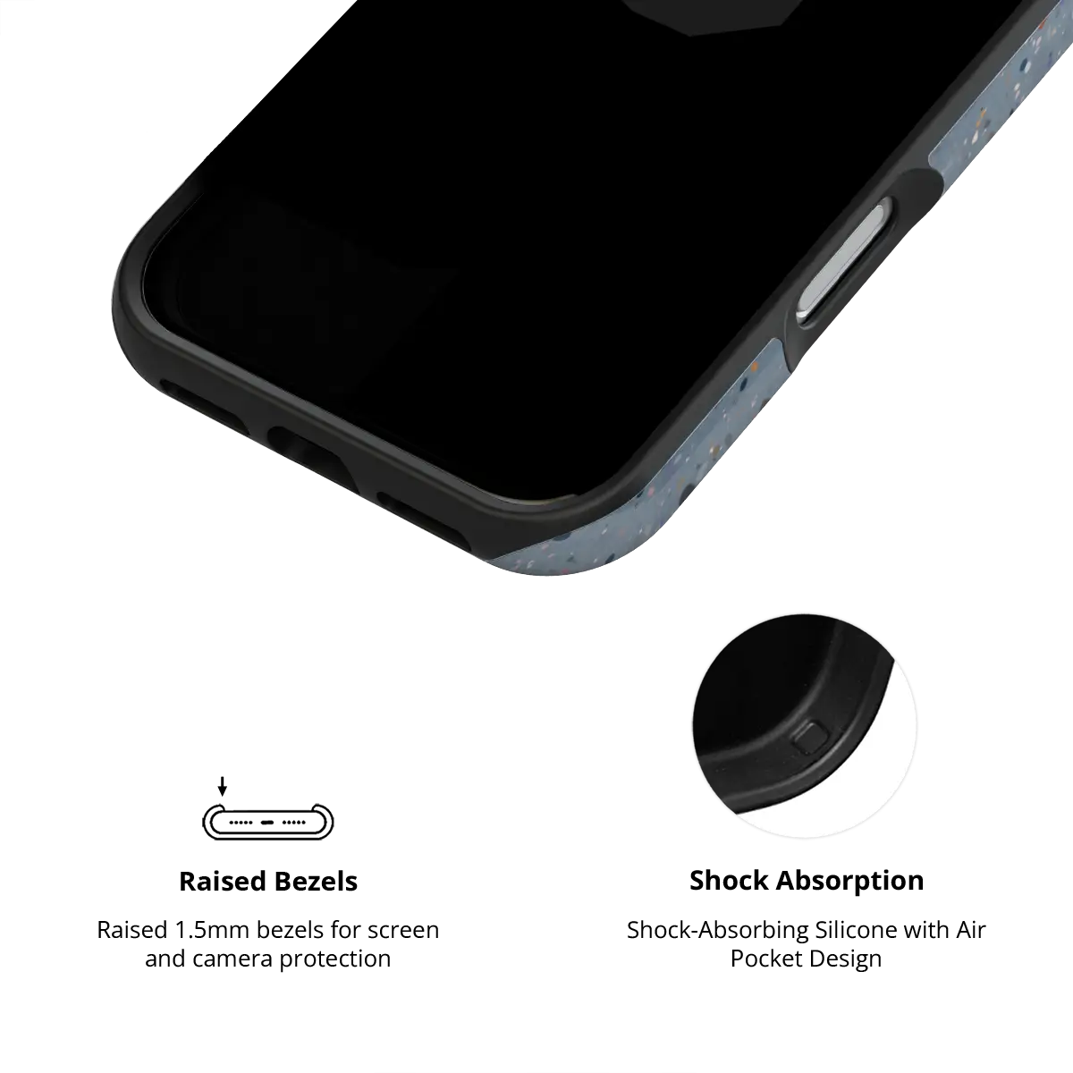 Seaside Drift blue paint splatter Tough iPhone case inner view showing shock-absorbing drop protection.